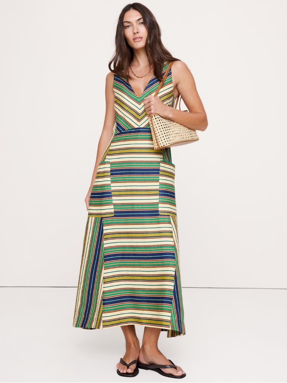 Like new Banana Republic Linen Pocket Maxi Dress in Multicolor Stripe, size M
